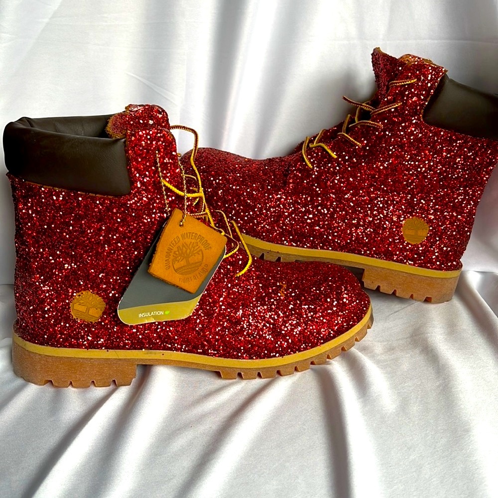 NWT!! Customs made red glitter Timberlands womens 7.5